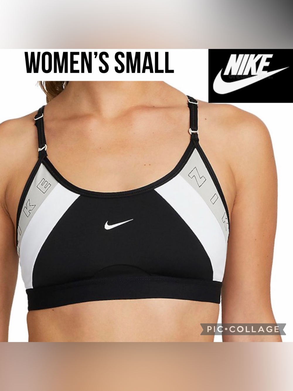 Nike Womens Sports Bra Black Gray White Indy Light Support Dri Fit Swoosh Logo S